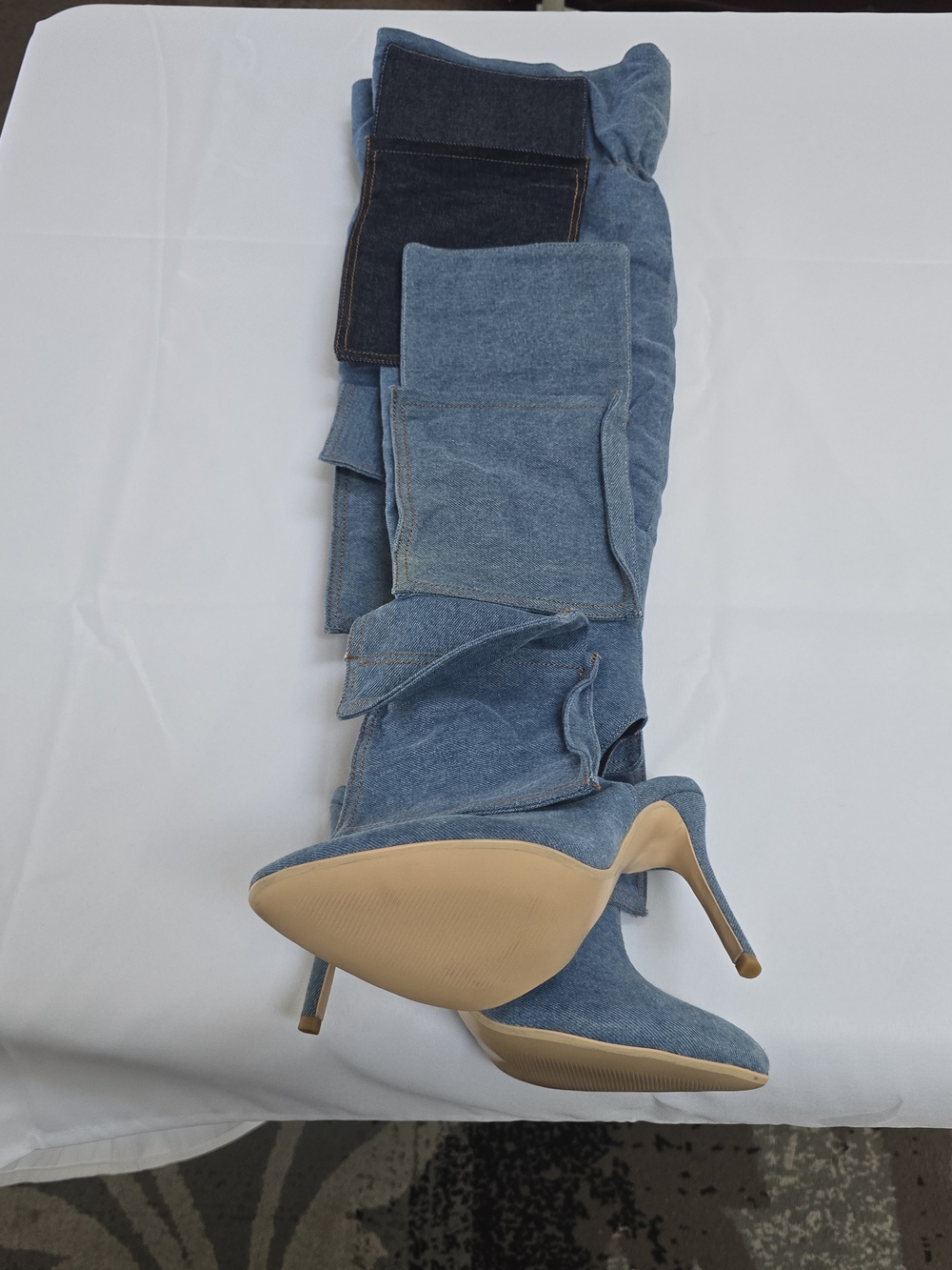Denim Knee-High Stiletto Booties - Light Blue